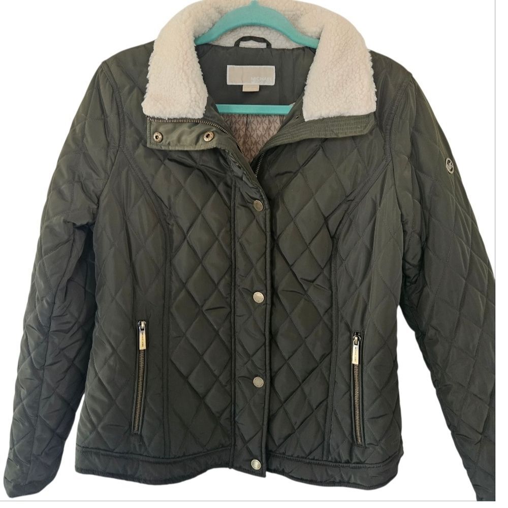 Michael Kors Olive Quilted Puffer Jacket with Shearling Collar